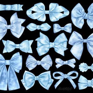May include: A collection of 16 watercolor illustrations of blue bows in various styles and sizes. The bows are isolated on a black background.