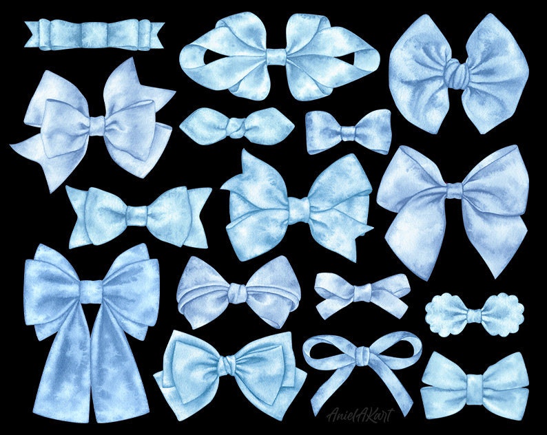 May include: A collection of 16 watercolor illustrations of blue bows in various styles and sizes. The bows are isolated on a black background.