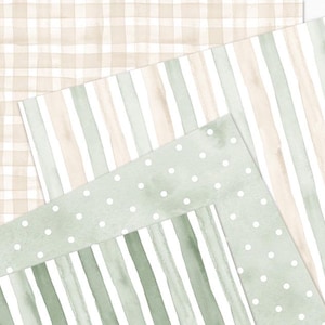 May include: A collection of patterned paper sheets. The designs include a beige plaid, vertical stripes in beige, white, and green, and a green dotted pattern. The watercolor style gives a soft, textured appearance.