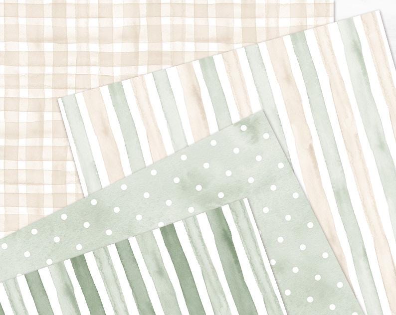 May include: A collection of patterned paper sheets. The designs include a beige plaid, vertical stripes in beige, white, and green, and a green dotted pattern. The watercolor style gives a soft, textured appearance.