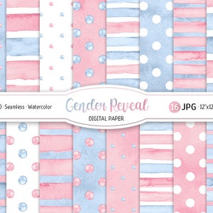 Blush rosa e blu senza cuciture modello acquerello a pois carta digitale pacchetto stampabile genere rivelano strisce di festa Baby shower ragazza o ragazzo