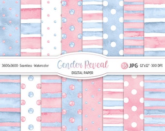 Blush Pink and Blue Seamless Pattern Watercolor Polka Dot Digital Paper Pack Printable Gender Reveal Party Stripes Baby shower girl or boy