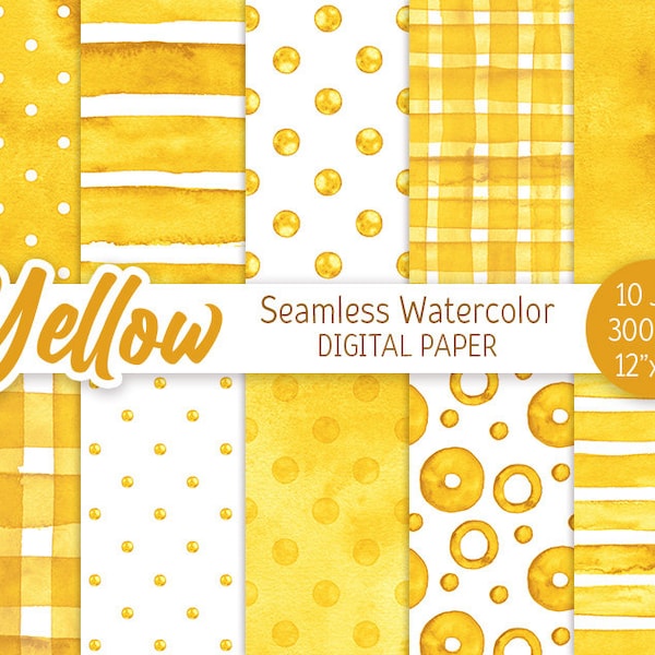 Yellow Seamless Pattern Watercolor Polka Dot Digital Paper Pack Printable Wedding background Watercolor Stripes Baby shower girl texture