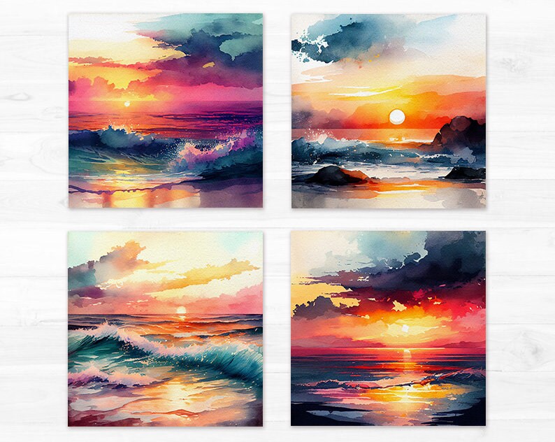 May include: Four watercolor paintings depicting seascapes at sunset. Each painting features a different color palette and composition, with waves crashing on the shore and the sun setting over the horizon.