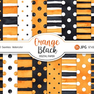 Orange noir papier numérique Pack aquarelle à pois motif sans couture imprimable Scrapbooking papier aquarelle rayures Halloween fond