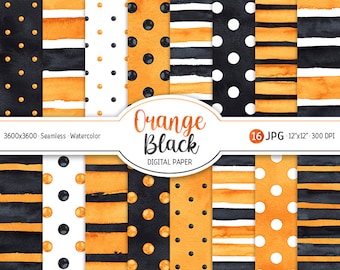 Orange Black Digital Paper Pack Watercolor Polka Dot Seamless Pattern Printable Scrapbooking Paper Watercolor Stripes Halloween background