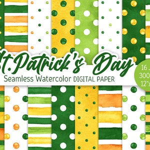 St Patrick’s Day Digital Paper Pack Aquarelle Polka Dot Seamless Pattern Imprimable Scrapbooking Paper Aquarelle Stripes arrière-plan