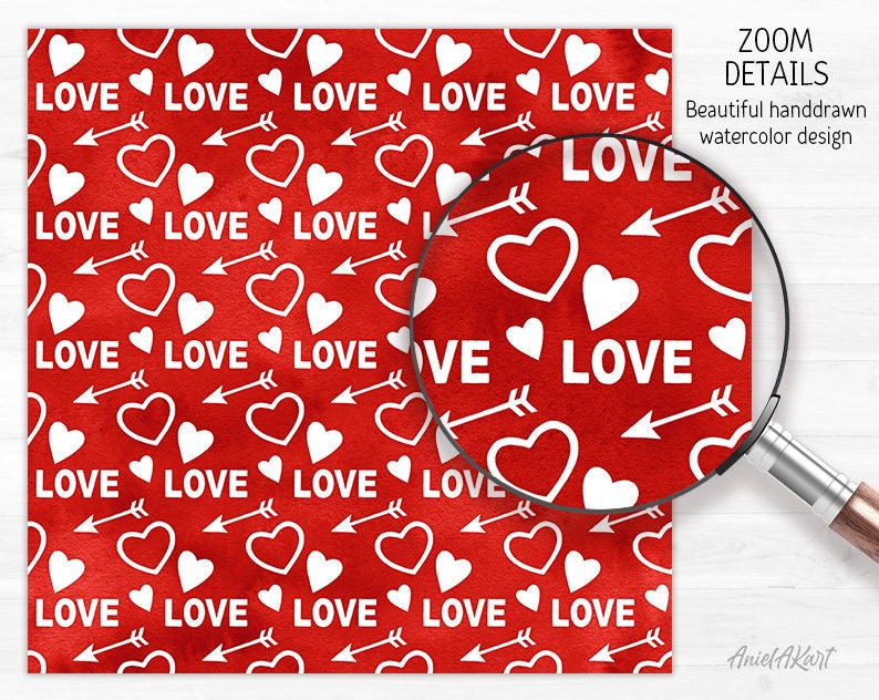 Red & White Valentine Day Digital Paper Pack Watercolor Love Seamless ...