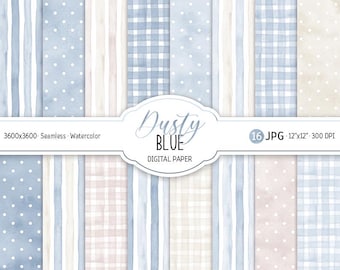 Dammigt blått digitalt papperspaket akvarell gingham sömlösa mönster babyshower stuga scrapbook papper ränder prickar barnrum utskrivbart