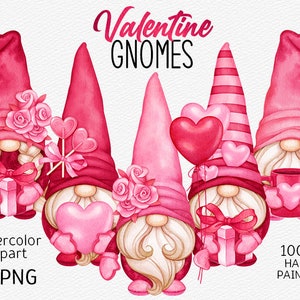 Valentine Gnomes PNG Clipart Watercolor Valentine&#39;s Day PNG Handpainted Gnome Heart Love Digital Clipart instant download commercial use