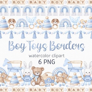 Watercolor Boho Baby Boy Toys Seamless Border Clipart Cute Nursery Designs Blue Baby Shower PNG Handpainted Kids Clipart Wooden Eco Newborn
