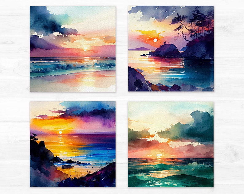 May include: Four watercolor paintings of seascapes with sunsets. Each painting features a different color palette and composition, with varying shades of blue, purple, orange, and yellow.