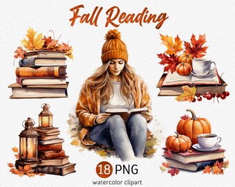 Watercolor Fall Reading Clipart Pack Watercolor Autumn Book PNG bundle Leaves Vintage book stack clip art Bookworm Download Commercial use