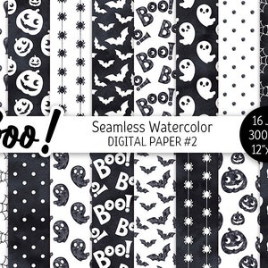 Black & White Halloween Digital Paper Pack Watercolor Seamless Pattern Printable Scrapbook Paper Cute Spooky Boo Ghost Skull Web background