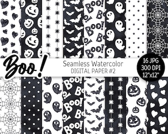 Black & White Halloween Digital Paper Pack Watercolor Seamless Pattern Printable Scrapbook Paper Cute Spooky Boo Ghost Skull Web background