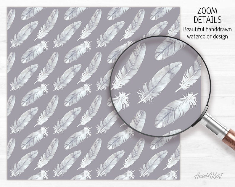 Light Grey Feather Watercolor Digital Paper Pack Exotic Boho Seamless ...
