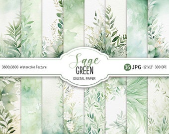 Paquet de papier numérique vert sauge aquarelle mariage pastel scrapbooking papier Boho impression abstrait aquarelle floral fond téléchargement immédiat
