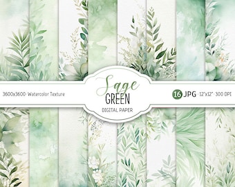 Sage Green Digital Paper Pack Watercolor Pastel Wedding Scrapbook Paper Boho Print Abstract Watercolor Floral Background Instant Download