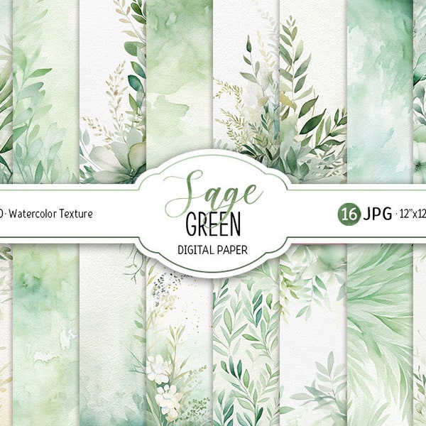 Sage Green Digital Paper Pack Watercolor Pastel Wedding Scrapbook Paper Boho Print Abstract Watercolor Floral Background Instant Download
