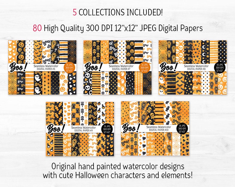 Black & Orange Halloween Digital Paper Pack Watercolor Seamless Pattern ...