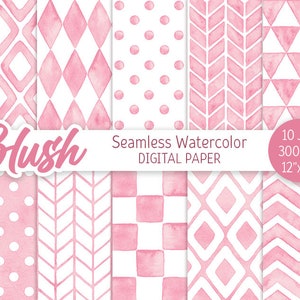 Blush Rosa Geometrico Motivo Acquerello Seamless Digital Paper Pack Stampabile Pois Chevron sfondo Baby shower rombo spina di pesce