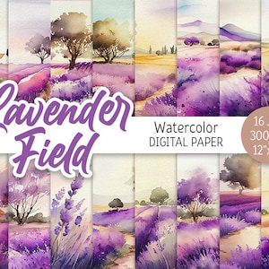 Aquarell Lavendelfeld Digital Paper Pack Frühling druckbare Scrapbooking Papier Provence Blumen Hintergrund Sommer Hochzeit Einladungskarte