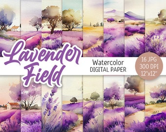 Watercolor Lavender Field Digital Paper Pack Spring Printable Scrapbooking Paper Provence Floral background Summer Wedding Invitation Card