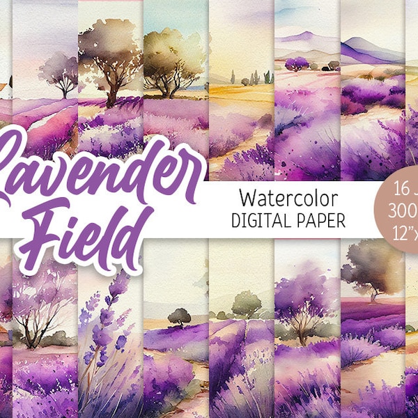 Watercolor Lavender Field Digital Paper Pack Spring Printable Scrapbooking Paper Provence Floral background Summer Wedding Invitation Card