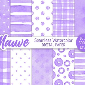 Mauve Purple Watercolor Polka Dot Digital Paper Pack Seamless Pattern Printable Wedding background Watercolor Stripes Baby shower texture