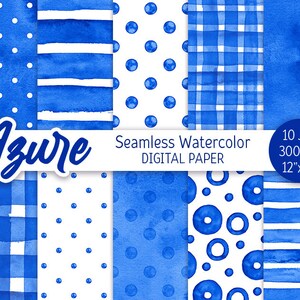 Azure Blue Seamless Pattern Watercolor Polka Dot Digital Paper Pack Printable background Watercolor Stripes Check texture scrapbook paper