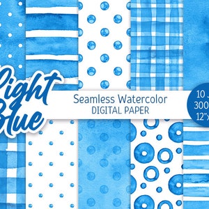 Light Blue Seamless Pattern Watercolor Polka Dot Digital Paper Pack Printable Scrapbooking Paper Cyan Watercolor Stripes Light blue Paper