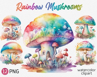 Watercolor Mystical Mushrooms Clipart Magic Mushrooms Bundle PNG Cute Fantasy clipart Pastel Rainbow Scrapbooking clipart commercial use