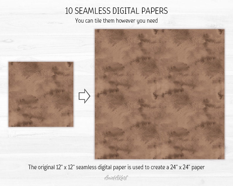 Puede incluir: Un patr&oacute;n de papel digital sin costuras con un fondo de acuarela marr&oacute;n. El papel original de 12" x 12" se puede colocar en mosaico para crear un papel de 24" x 24".