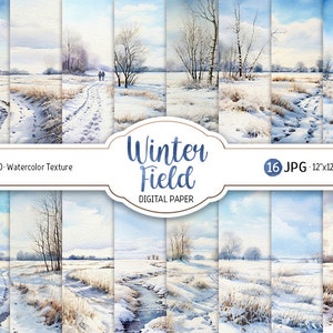 Pacchetto di carta digitale invernale per acquerello Campo invernale Carta per scrapbooking stampabile Neve Paesaggio invernale Sfondo di neve Uso commerciale JPEG