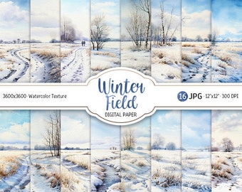 Acuarela Invierno Paquete de papel digital Campo de invierno Imprimible Scrapbooking Papel Nieve Paisaje de invierno Fondo de nieve Uso comercial JPEG