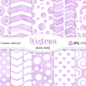 Confezione di carta digitale glicine Modello senza cuciture coriandoli acquerello Sfondo stampabile Baby shower girl Trama leopardo viola Cuore Chevron
