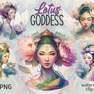 Dea del loto dell'acquerello Clipart Lily Pond PNG Scrapbooking bundle PNG Cute Fantasy Water Liliy PNG Compleanno download digitale uso commerciale