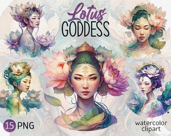Watercolor Lotus Goddess Clipart Lily Pond PNG Scrapbooking bundle PNG Cute Fantasy Water Liliy PNG Birthday digital download commercial use