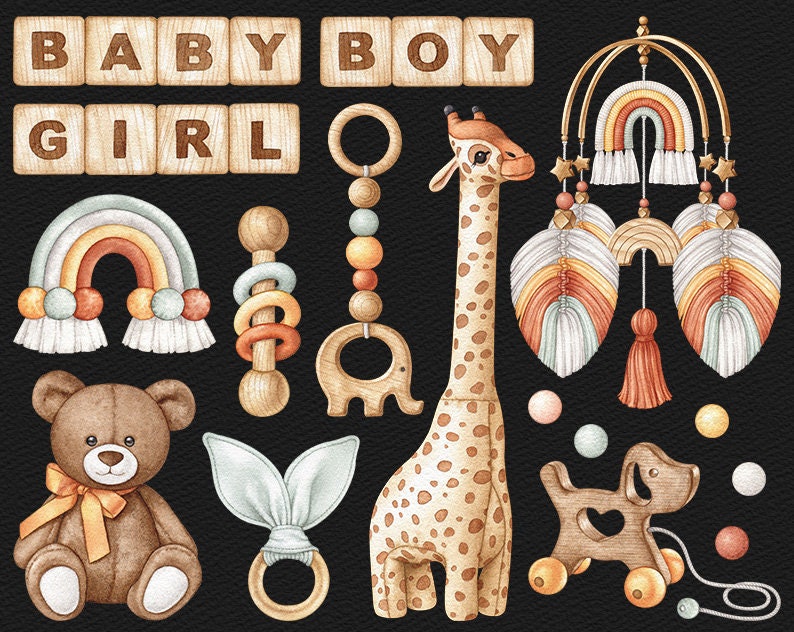 Watercolor Baby Toys Clipart Boho Baby Shower PNG Newborn Clipart ...