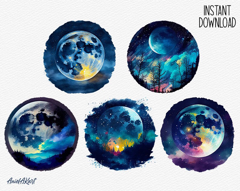 Watercolor Full Moon Clipart Bundle Magic Starry Night PNG Cozy ...