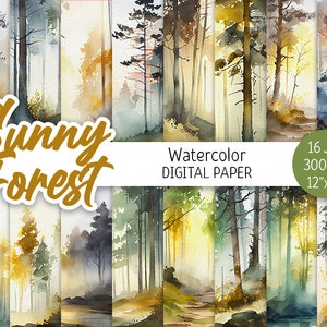 Acquerello Sunny Forest Digital Paper Pack Foggy Wood Printable Scrapbooking Paper Pine Trees Summer Landscape sfondo download digitale