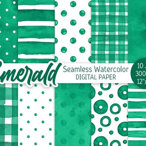 Op de afbeelding: Smaragdgroen naadloos digitaal aquarelpapier met diverse patronen. Ontwerpen omvatten stippen, strepen en ruitjes in groentinten. De tekst "Emerald" is cursief en het papier is 30.48cm x 30.48cm groot.