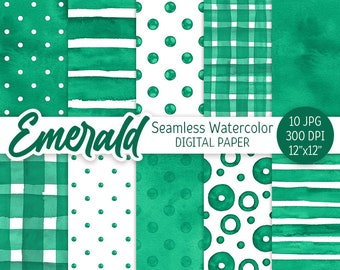 Emerald Green Seamless Pattern Watercolor Polka Dot Digital Paper Pack Printable Green background Watercolor Stripes Check scrapbook paper