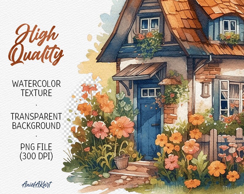 Country Cottage Watercolor Clipart Cute Country House PNG Bundle ...