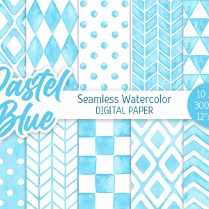 Modello geometrico blu pastello Pacchetto di carta digitale senza giunte dell'acquerello Stampabile a pois Chevron sfondo Baby Blue rombo a spina di pesce