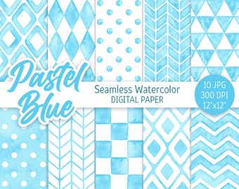 Könnte beinhalten: Eine Sammlung von zehn digitalen Papieren mit verschiedenen pastellblauen Aquarellmustern. Designs umfassen Rauten, Punkte, Pfeilspitzen, Dreiecke und Quadrate. Der Text "Pastel Blue" und "Seamless Watercolor DIGITAL PAPER" ist zu sehen.