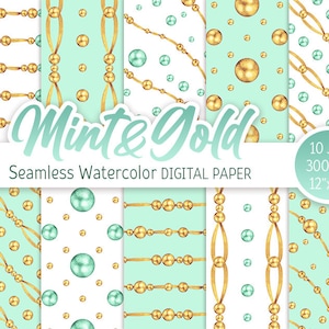 Gold Mint Seamless Pattern Acquerello Pois Digital Paper Pack Oro e verde matrimonio Baby shower texture Scrapbook carta Uso commerciale