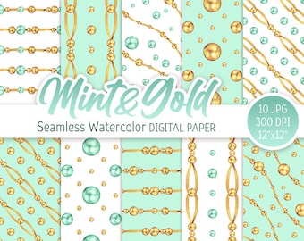 Złoty mięta bezszwowy wzór akwarela kropki cyfrowy papier pakiet złoty i zielony ślubny baby shower tekstura papier do scrapbookingu do użytku komercyjnego