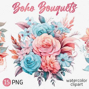 Aquarell Boho Bouquet Clipart Blau und Rosa Blume Boho Hochzeit PNG Floral Sublimation Pastell Bouquet Hochzeitseinladung sofortiger download