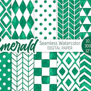 Smaragdgroene geometrische patroon aquarel naadloze digitale papier Pack afdrukbare Polka dot Chevron Party achtergrond ruit driehoek Check